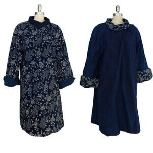 Womens Lagenlook Art to Wear Reversible Jacket Size L Blue Batik Cotton Floral